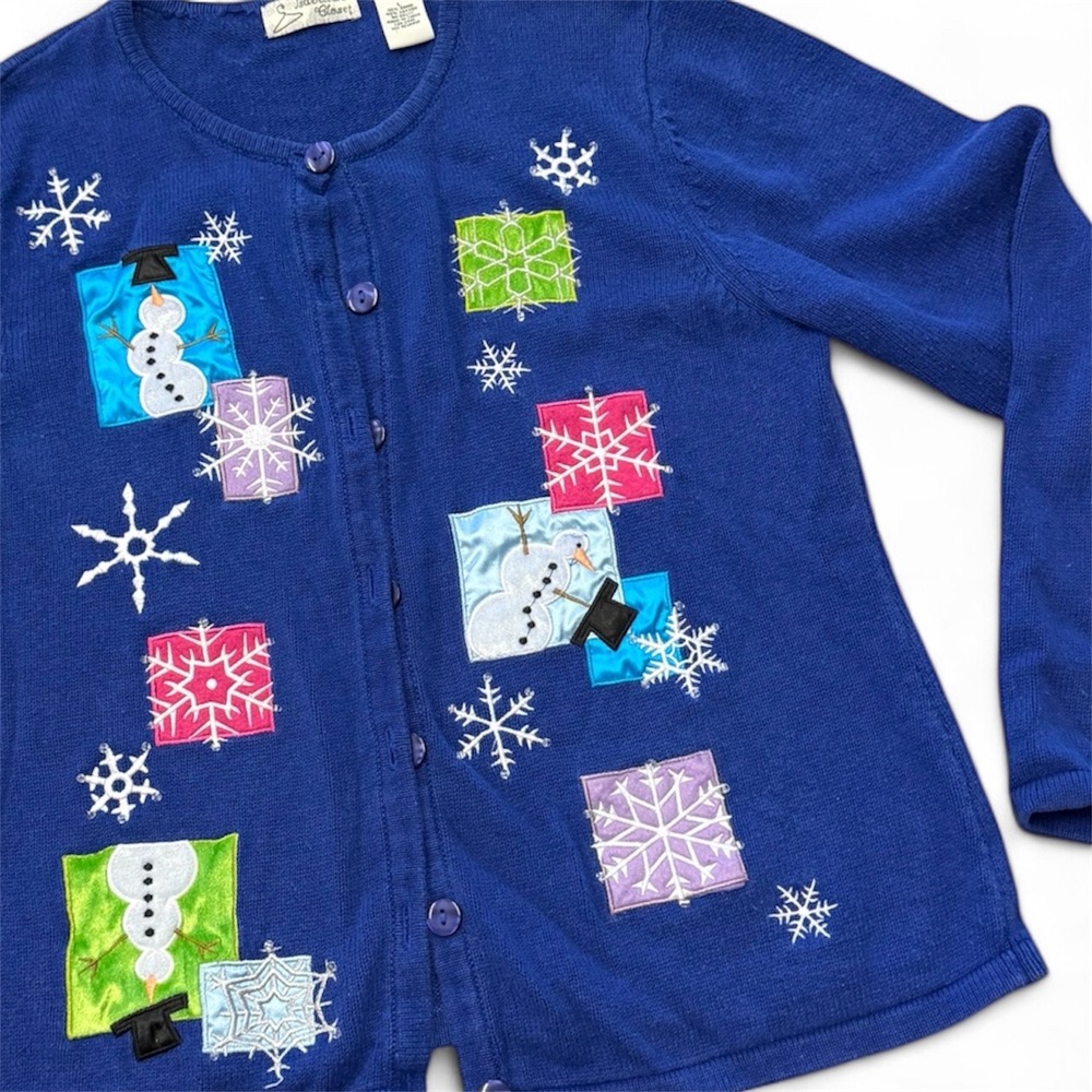 Isabella's Closet Blue Snowman Snowflake Applique Cardigan Sweater‎ Women's L